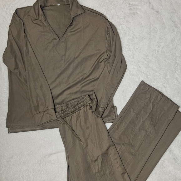 Other - 2-Piece Lounge Set: Coffee Brown V-Neck Top and Wide Leg Pants